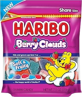 Haribo Gummi Candy | Berry Clouds in a Resealable Stand Up Bag | Blueberry, Wildberry, & Strawberry, 7.5 oz.
