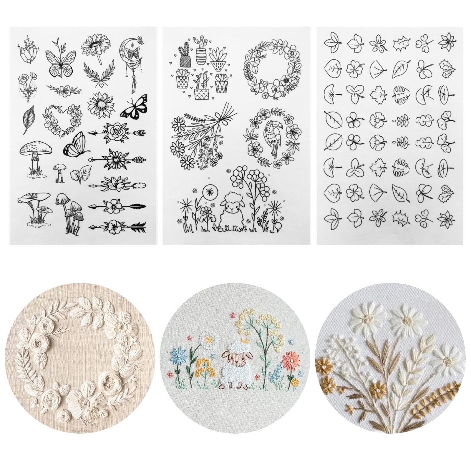 75 Pcs Stick and Stitch Embroidery Paper Designs 3 Sheets A4 Water Soluble Stabilizer for Embroidery Patterns Adhesive Embroidery Transfer Paper with Pre-Printed Flower Leave Butterfly for Hand Sewing