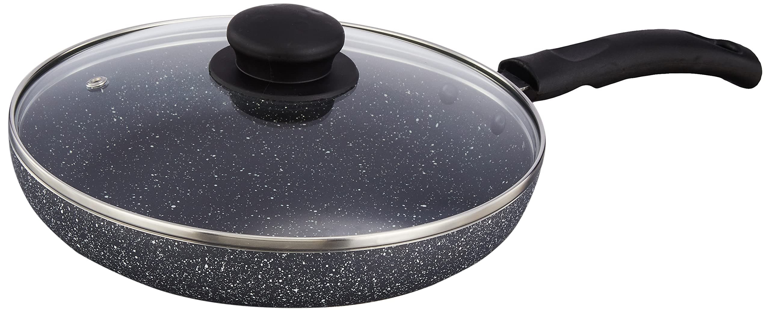 Amazon Solimo Granite Finish Fry Pan with Glass Lid | Induction Base | PFOA Free | High Temperature Resistant Exterior Coating | 22 cm | Grey