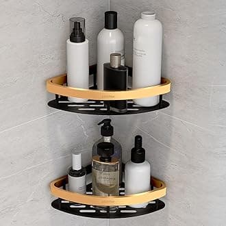 Plantex Self Adhesive Corner Shelf for Bathroom Wall/Aluminium & Stainless Steel Corner Rack/Storage Organizer/Bathroom Accessories Set- Pack of 2 (8 x 8 inch, Gold & Black)