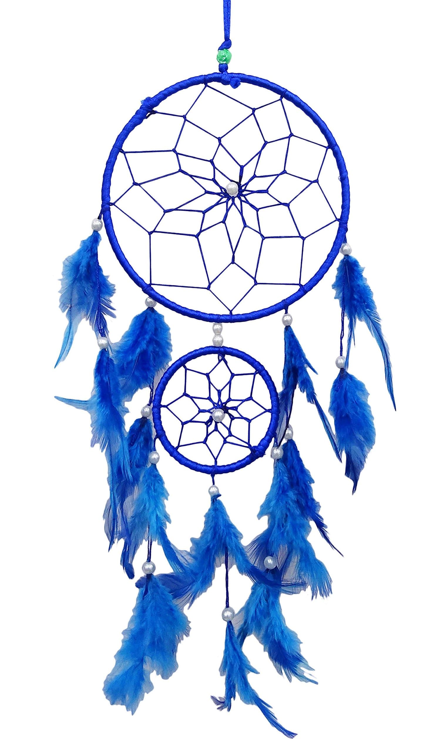 Boho Dream Catcher Blue Faux Feather Handmade Web Double Ring Wall Hanging Window Decor