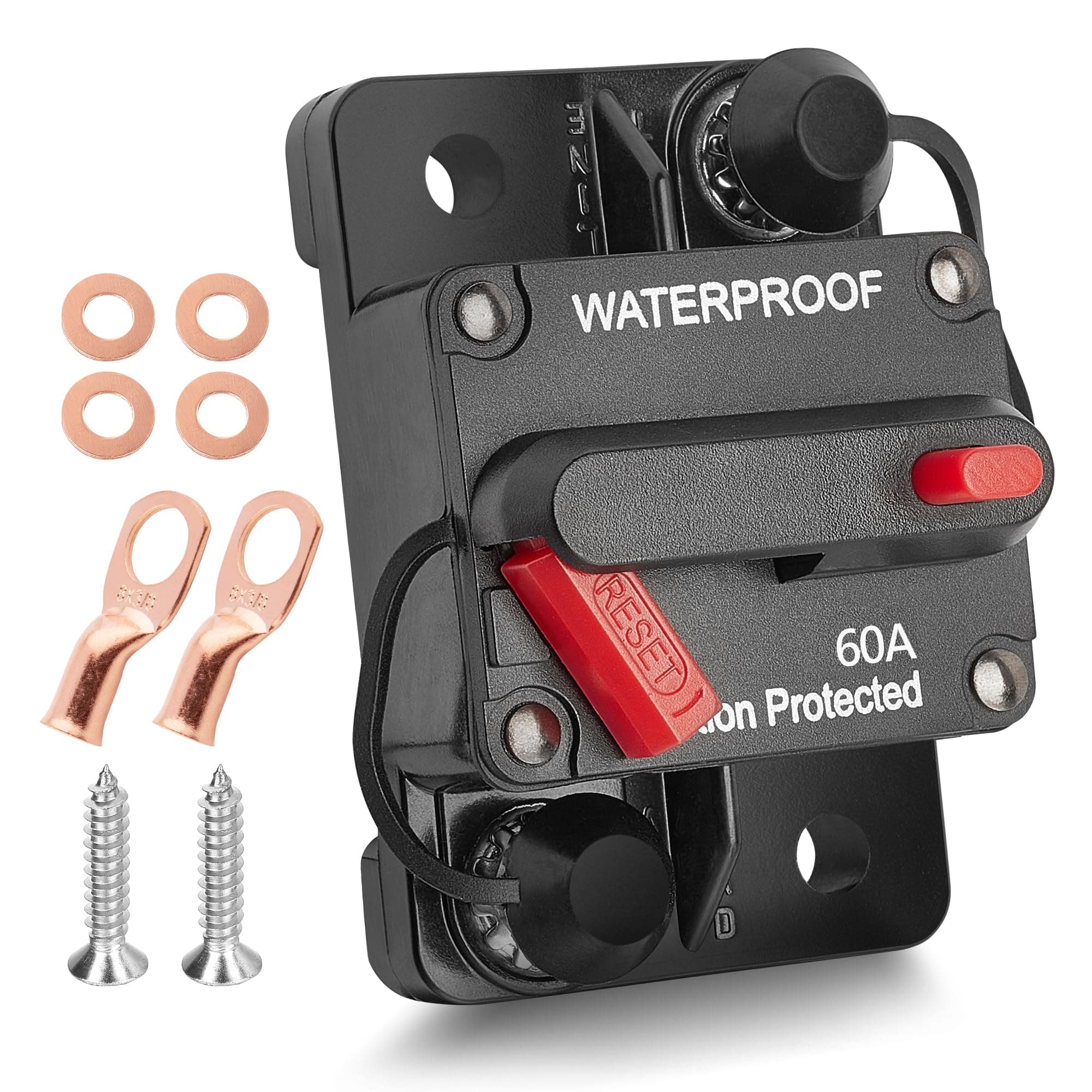 RED WOLF 60 Amp Circuit Breaker W/Ring Terminal 2 Gauge Connector Manual Reset Switch for Boat Trolling Motor Marine ATV Trailer Vehicles Stereo Audio Electronic Battery Solar System Inline Fuse