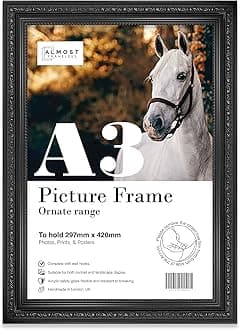 A3 Black Ornate Picture Frame Fits A3 (29.7 x 42cm - 11.7 x 16.5in) Poster, Photo, Artwork, or Print. Baroque Style Portrait and Landscape Display with Wall Hooks