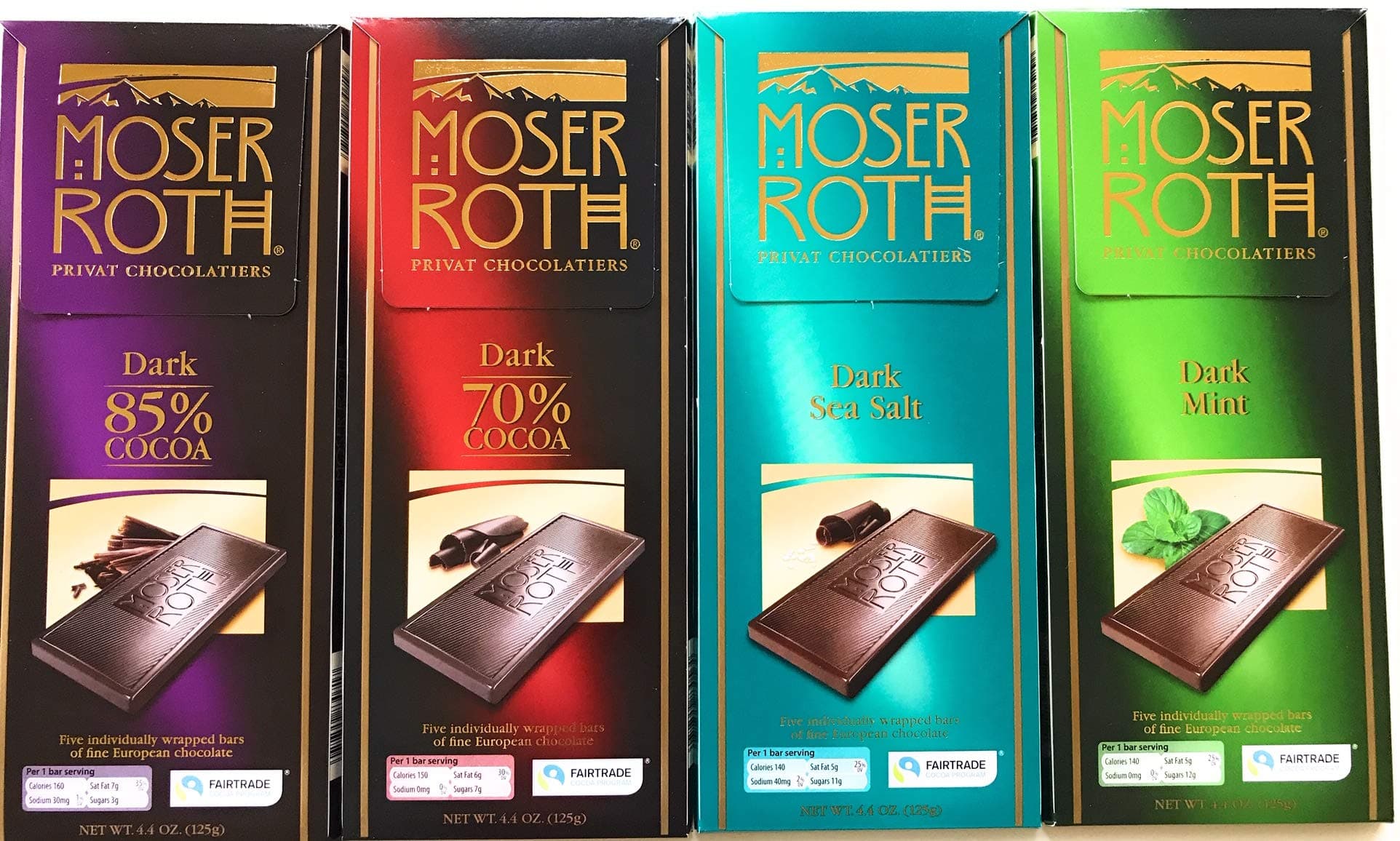 German Dark Chocolate Bundle of 4 Varieties. Moser Roth 85% Cocoa, 70% Cocoa, Dark Sea Salt and Dark Mint. Low Sugar Gourmet Candy Bars. Good for the Waist Line and Chocolate Lovers. From Germany!