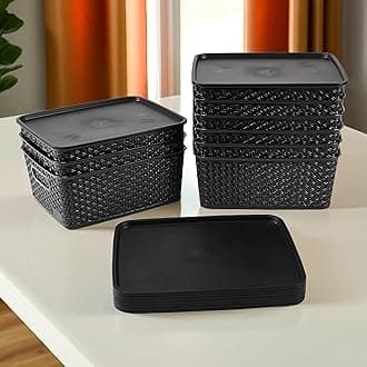Kuber Industries 9 Pcs Stackable Plastic Storage Box with Lid | H5 Multi-Purpose Basket for Storage - Ideal Home Organizers for Baby Dress, Stationary, Medicine & Pooja Items | Black