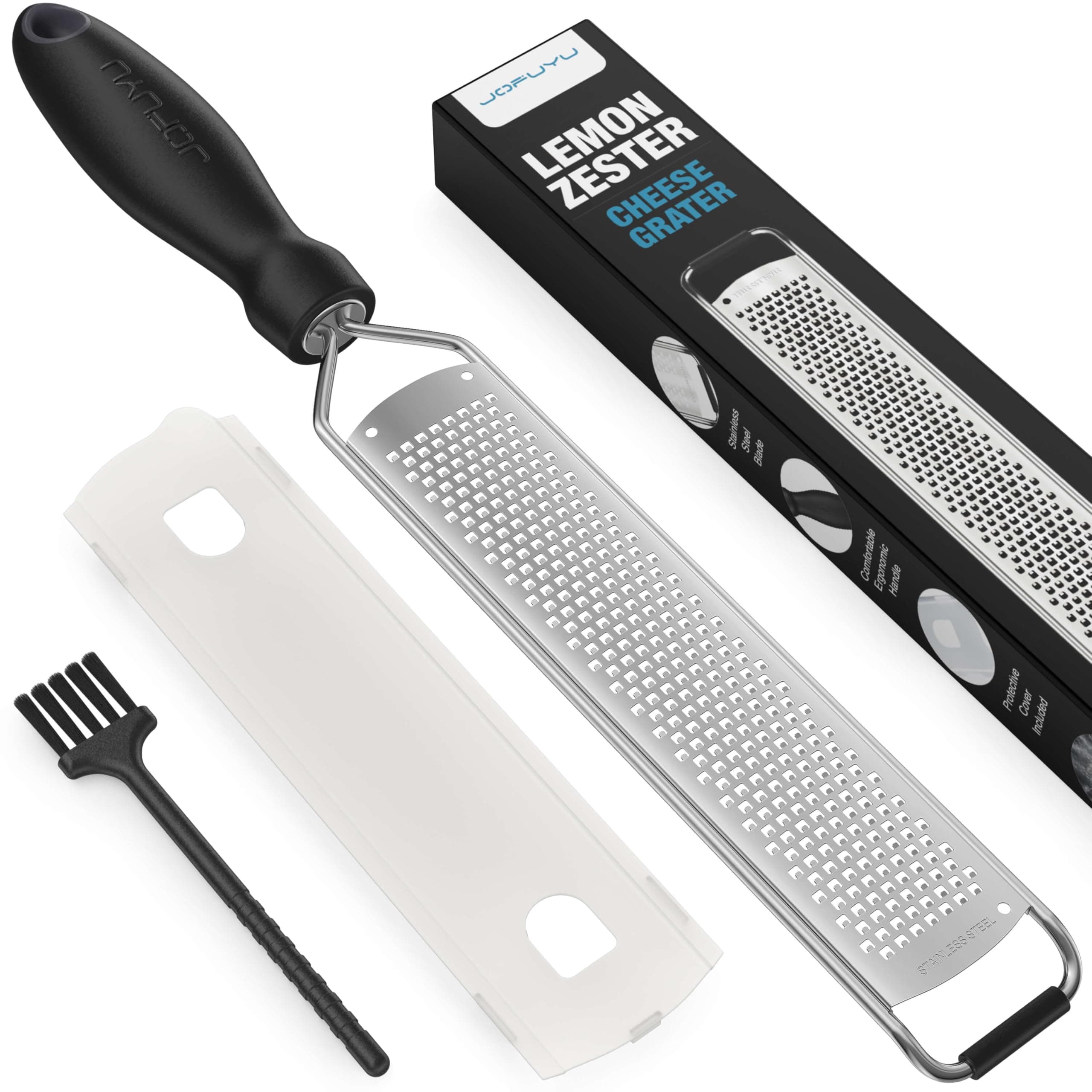 Lemon Zester & Cheese Grater – Sharp Stainless Steel Grater for Citrus, Parmesan, Garlic, Chocolate & Ginger, Non-Slip Grip, Safety Cover & Cleaning Brush