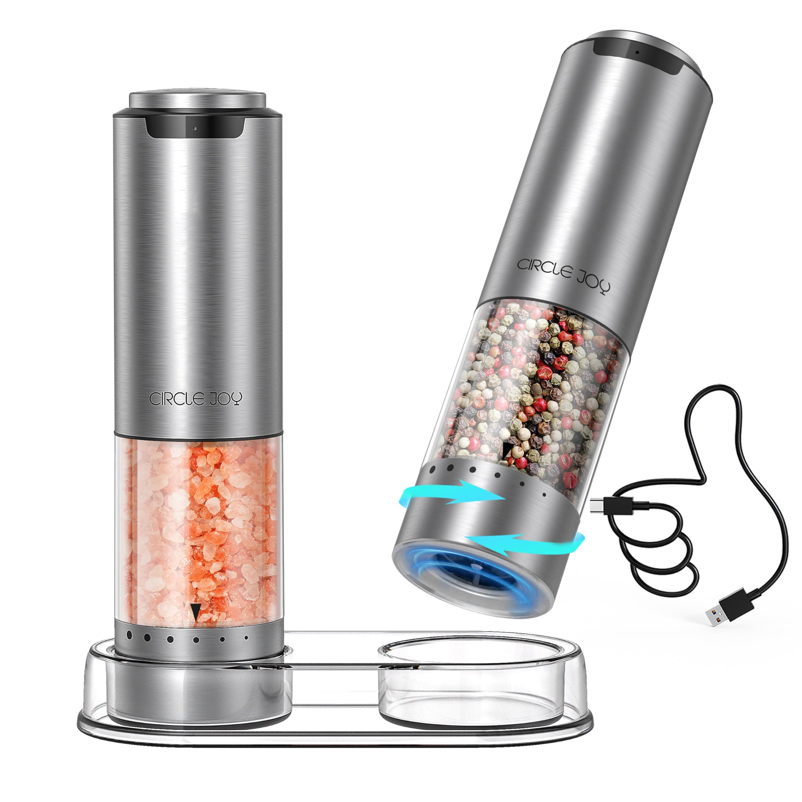 Rechargeable Electric Salt and Pepper Grinder Set with Base, Stainless Steel Pepper Mills with Washable 95ml Container, White LED Light and External Adjustable Coarseness, Silver