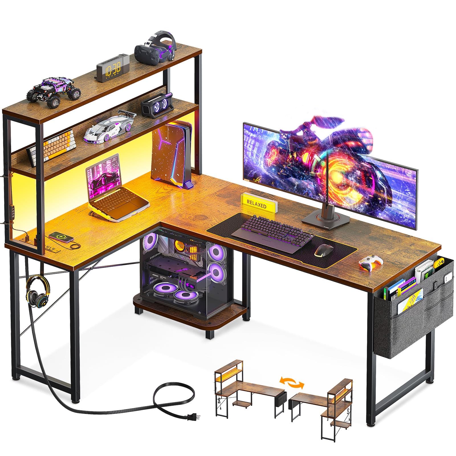 53 Inch L Shaped Desk with LED Lighting, Reversible Gaming Desk with Power Outlets, Cornor Computer Table with Storage Shelves & Bag & Iron Hook, Home Office Table for Writing, Study, Vintage