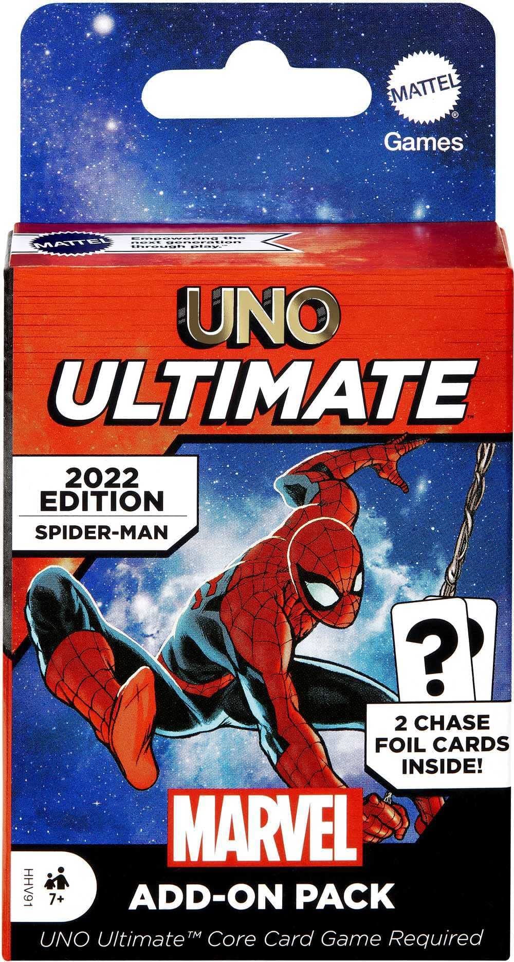 UNO Ultimate Marvel Card Add-On Pack with Spider-Man Character Deck & 2 Collectible Foil Cards, Gift for Collectors & Kids Ages 7 Years & Older