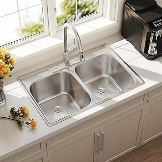 33x22 Drop In Double Bowl Kitchen Sink 33 Inch 50/50 Topmount 18 Gauge Stainless Steel Commercial Grade Satin Finish Sinks with Basket Strainer 33" x 22" x 9"