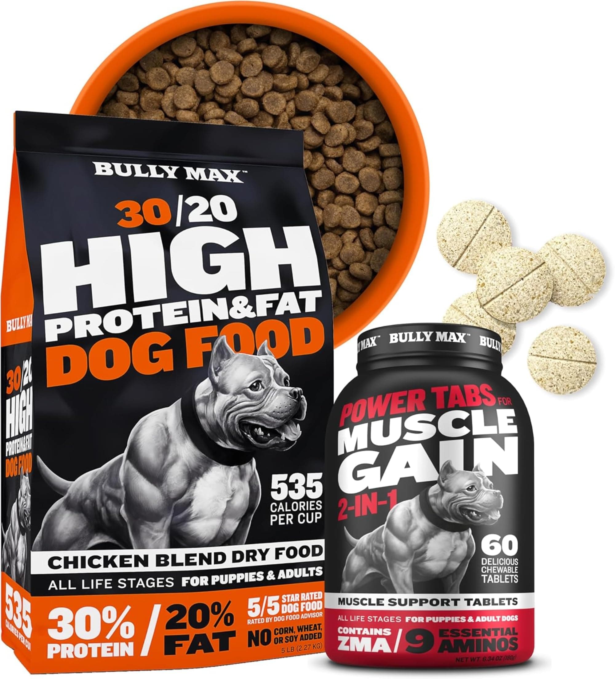 30/20 High Protein Dry Dog Food (5lbs. Bag) and Muscle Builder Multivitamin Supplement (60 tabs) Bundle for Puppies & Adults, All Breeds – Supporting Balanced Canine Nutrition Daily Vitality
