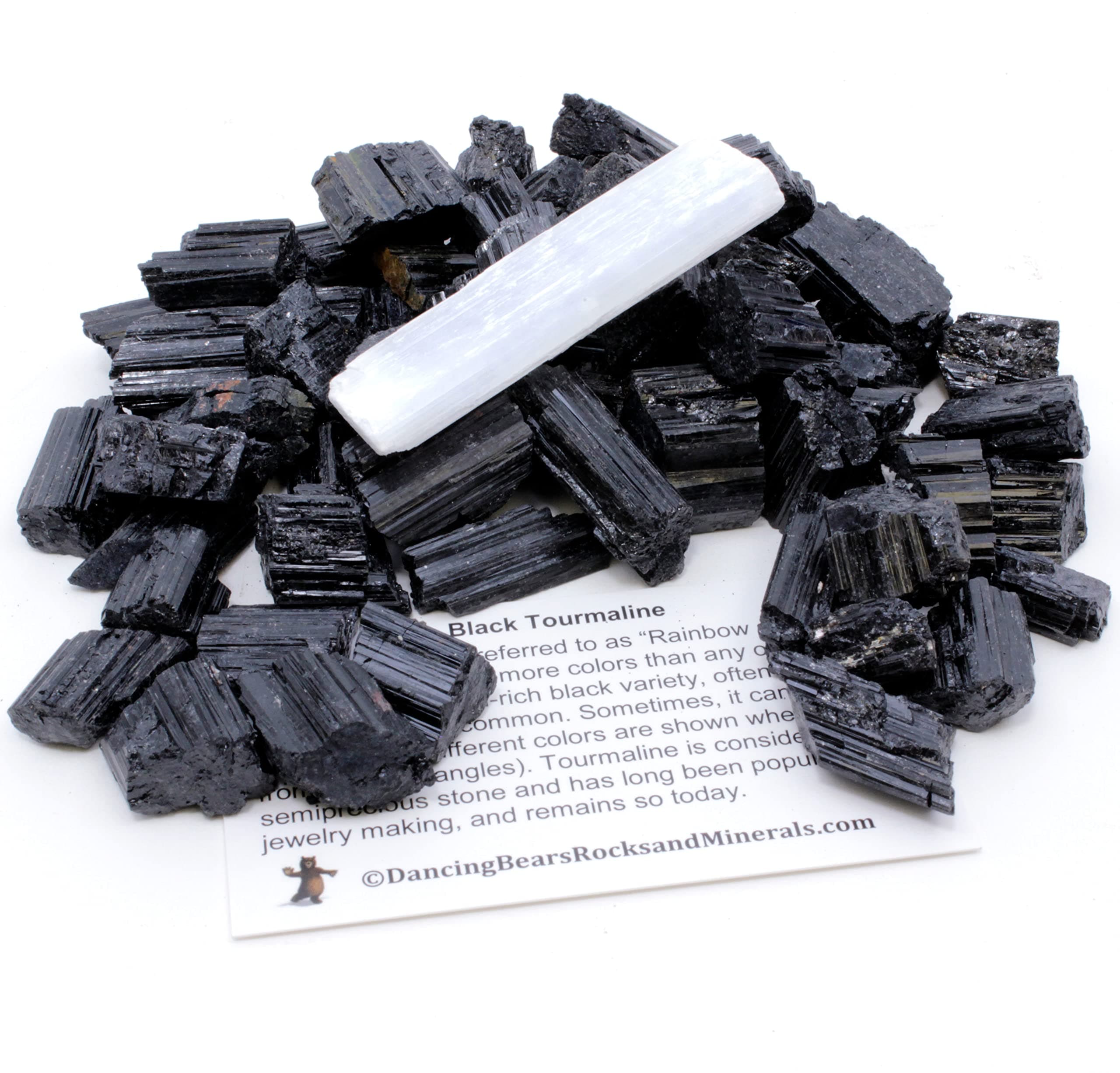 Dancing Bear Black Tourmaline Crystals Bulk (1 LB), Includes: (1) 3” Selenite Stick & Information Cards, Rough Raw Natural Stones for Good Vibes, Reiki Energy, EMF & Radiation Protection
