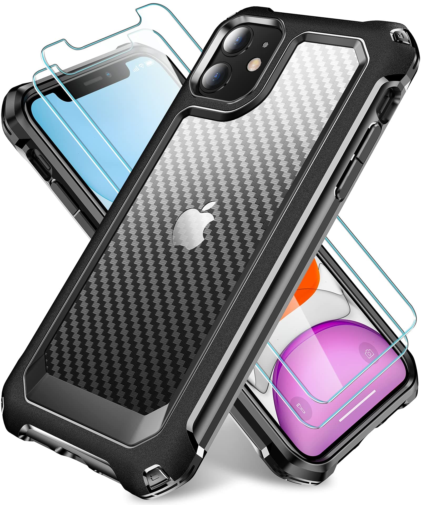 SUPBEC iPhone 11 Case, Slim Hard Carbon Fibre Shockproof Protective Cover [Military Grade Drop Protection] [Anti Scratch&Fingerprint], iPhone 11 Case and Screen Protector [x2], 6.1", Black