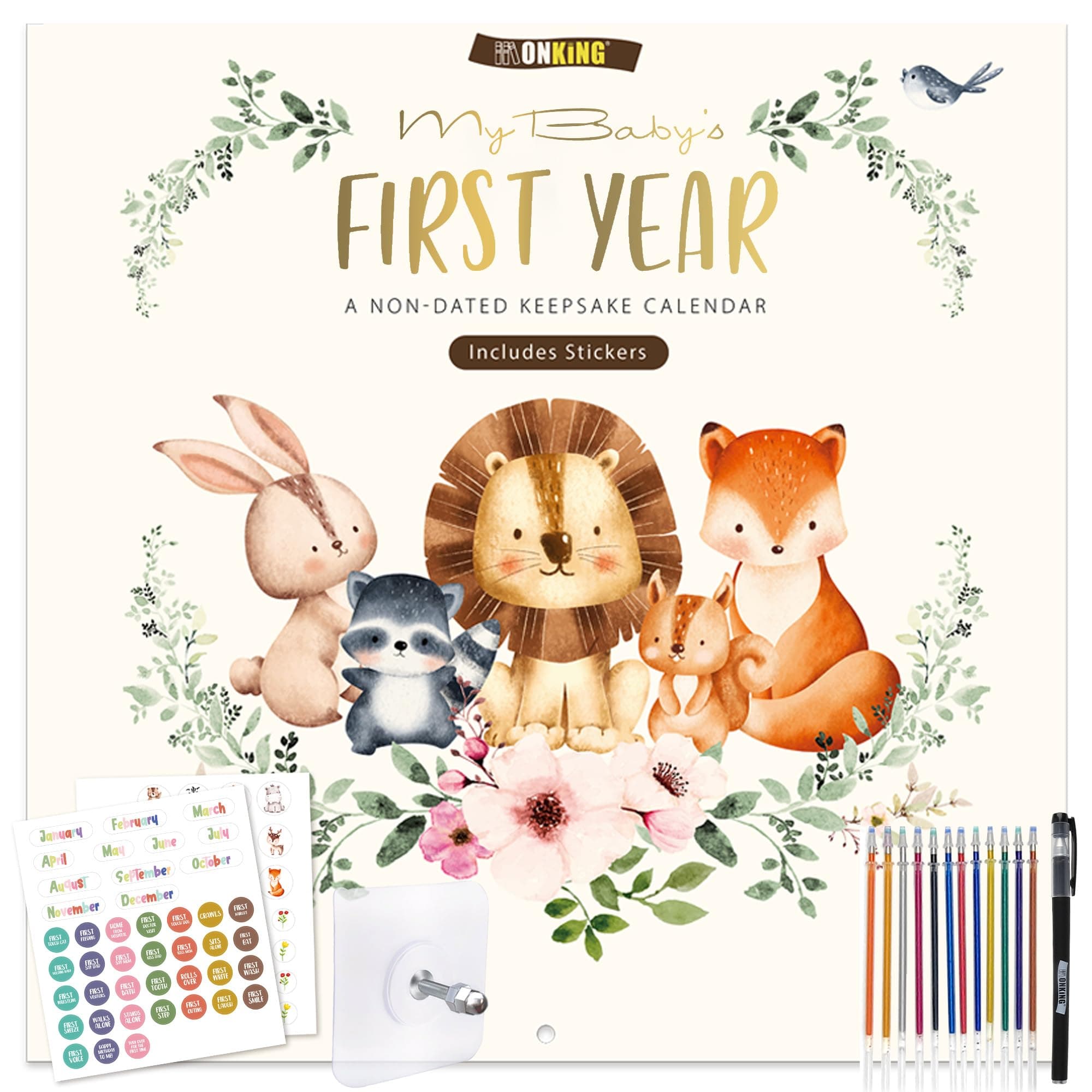 Baby's First Year Calendar with Stickers by Bright Day - 1st Year Tracker - Baby Memory Book for Girls to Document and Cherish Baby First Year Milestones,- Milestone Keepsake for Baby Boy with Pocket