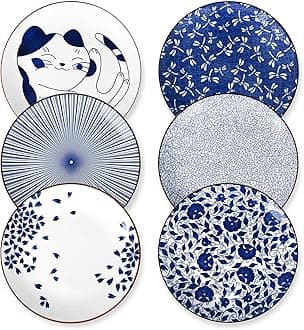 10 Inch Kitchen Serving Plates, Large Dessert Plates Ceramic for Salad Pasta Steak, Microwave Dishwasher Safe, Set of 6, Blue