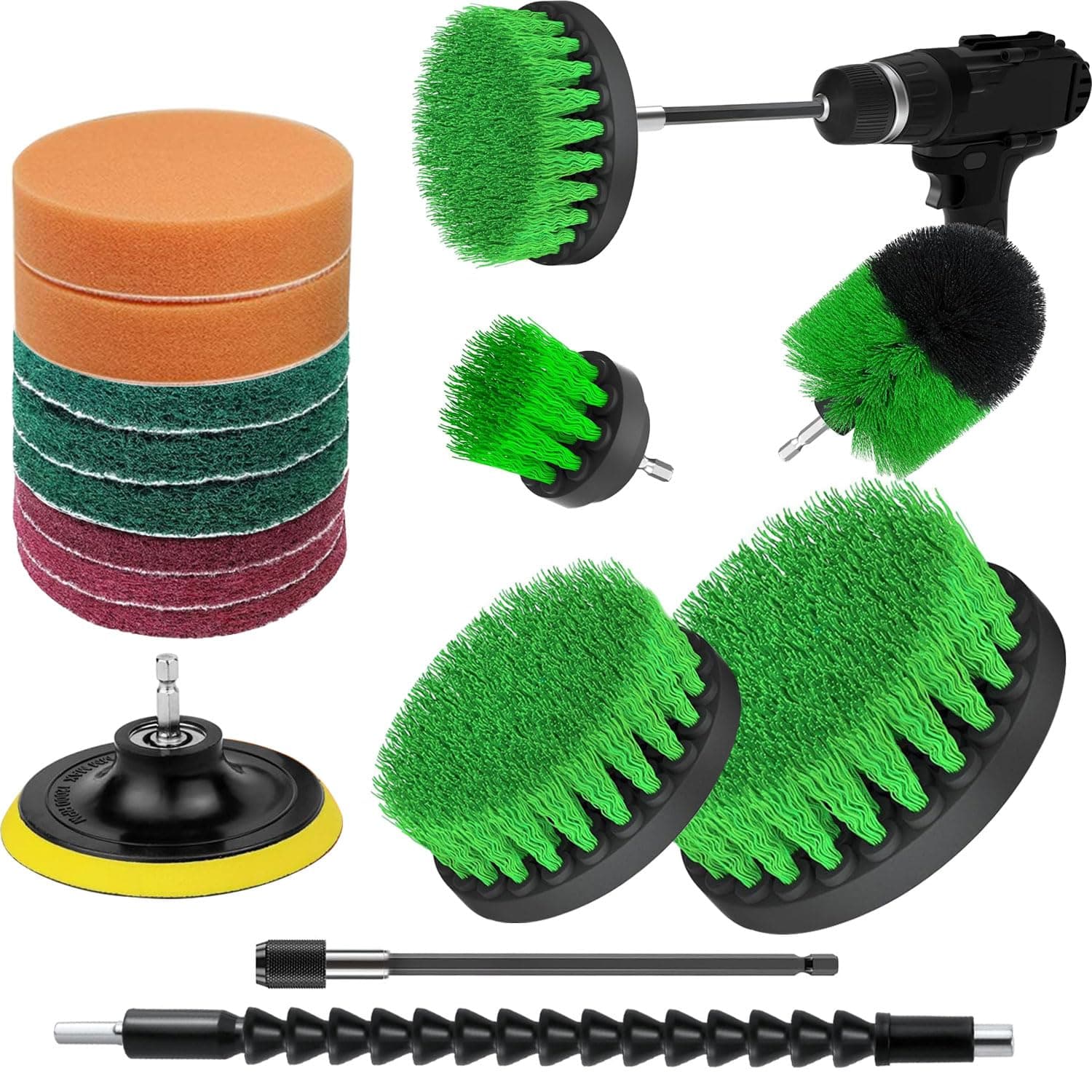 Massmot 15Pcs ABS Plastic Power Scrubber Brush Attachment Set for Floor, Kitchen, Car (Green, Drill Not Included)