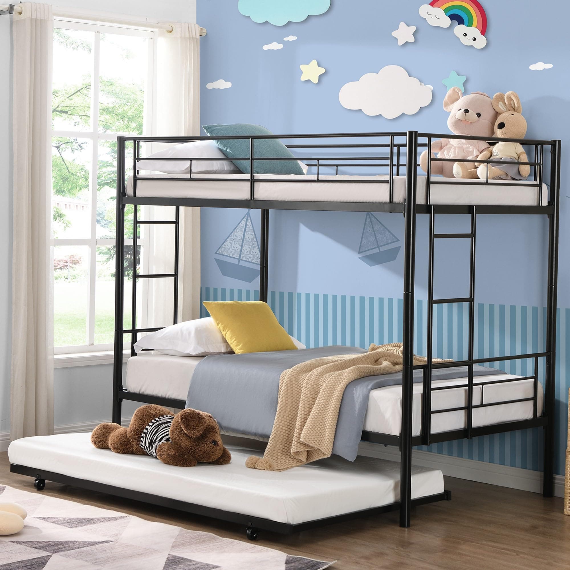 Metal Twin Over Twin Bunk Bed with Trundle, Heavy Duty Twin Size Bunk Bed Frame with Trundle and 2 Built-in Ladder and 11.8" Safety Guardrail for Kids and Teens and Adults, Easy Assemble (Black)