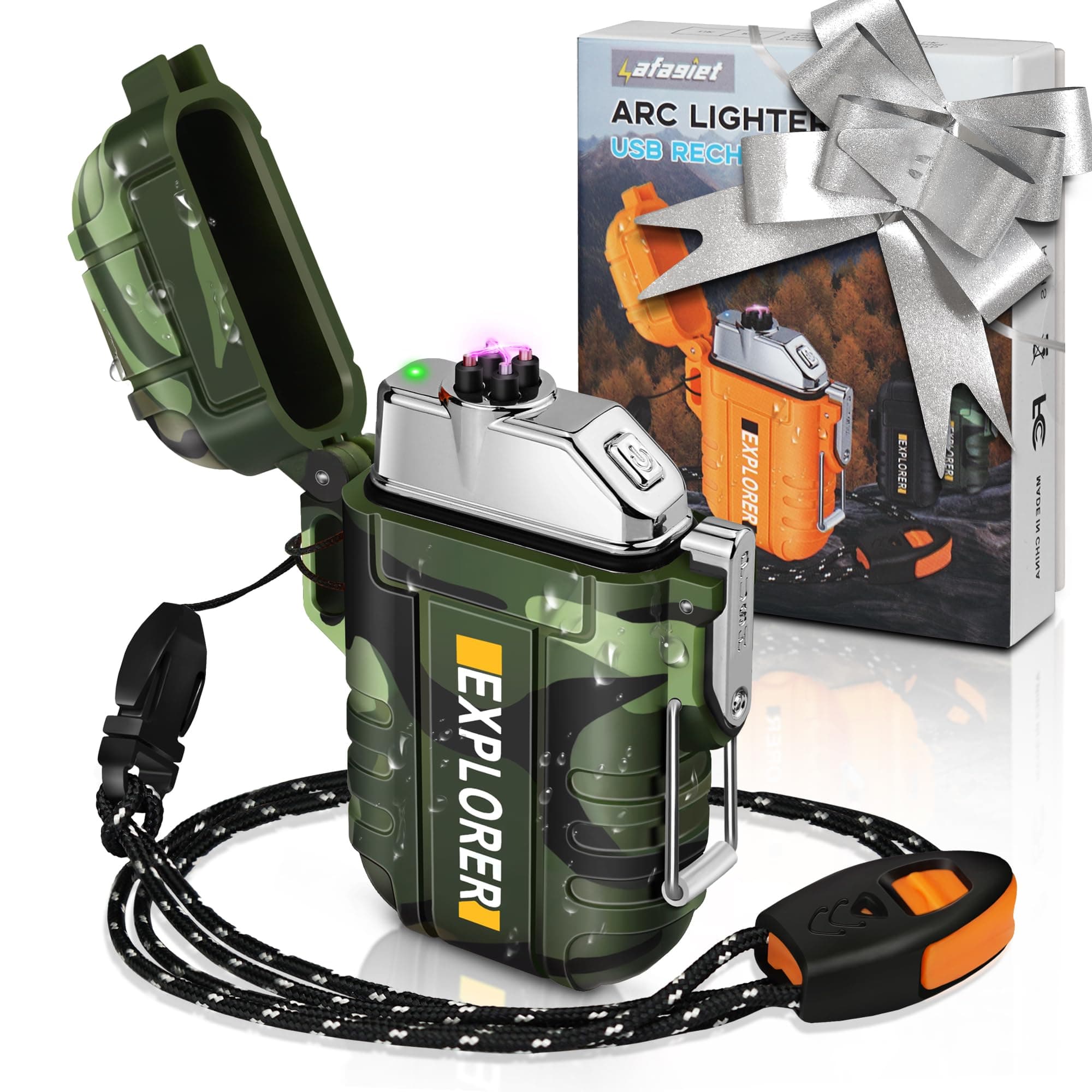 Lafagiet Waterproof Arc Lighter, Outdoor Dual Plasma Arc Lighter, USB Rechargeable Flameless Electric Lighters for Camping, Hiking, Survival Tactical (F13-Camouflage)