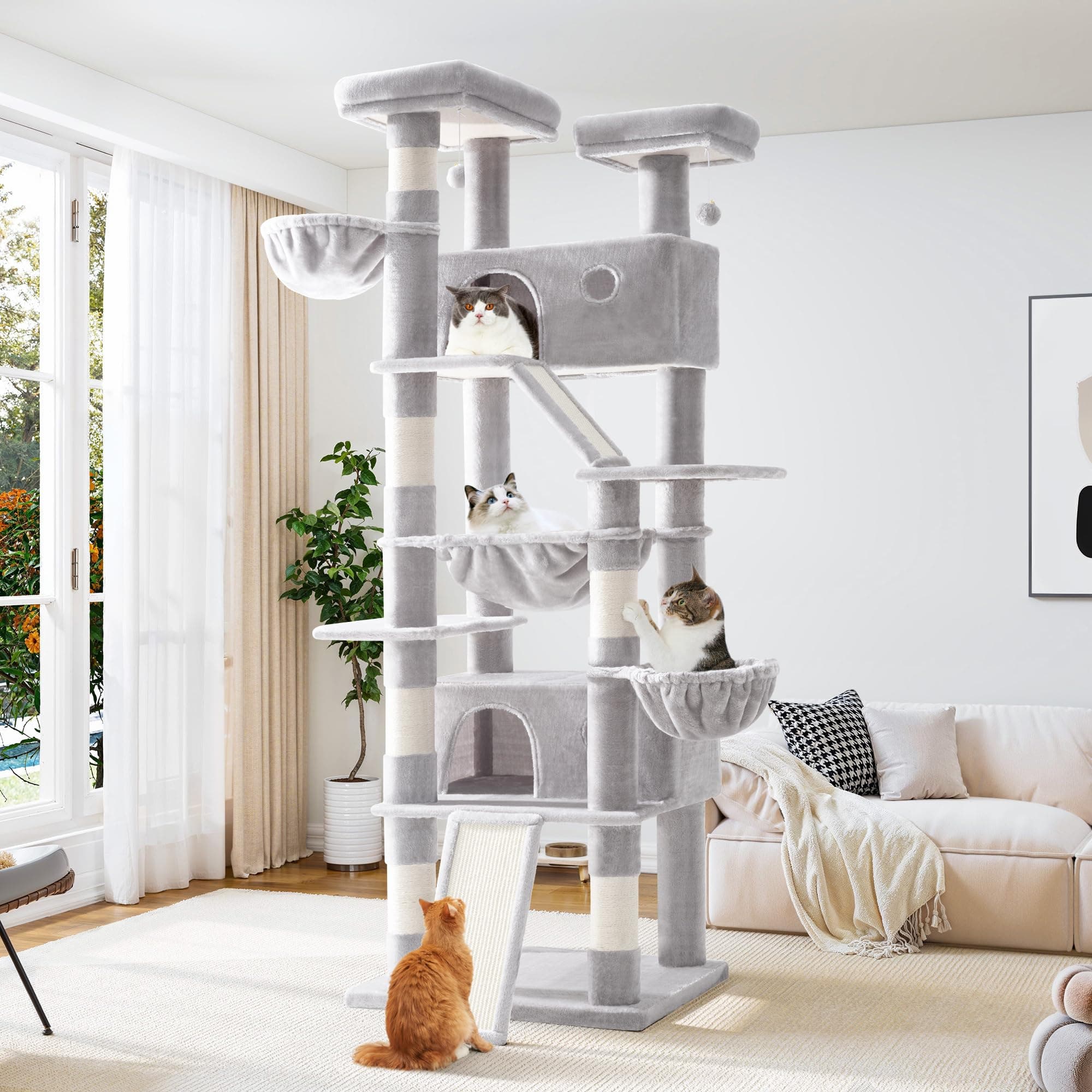 Allewie 81 Inches Tall Cat Tree/Multi-Level Large Climbing Tree House and Towers for Big Feline/Condo and Hammock/Scratching Post/Wide Base/Grey