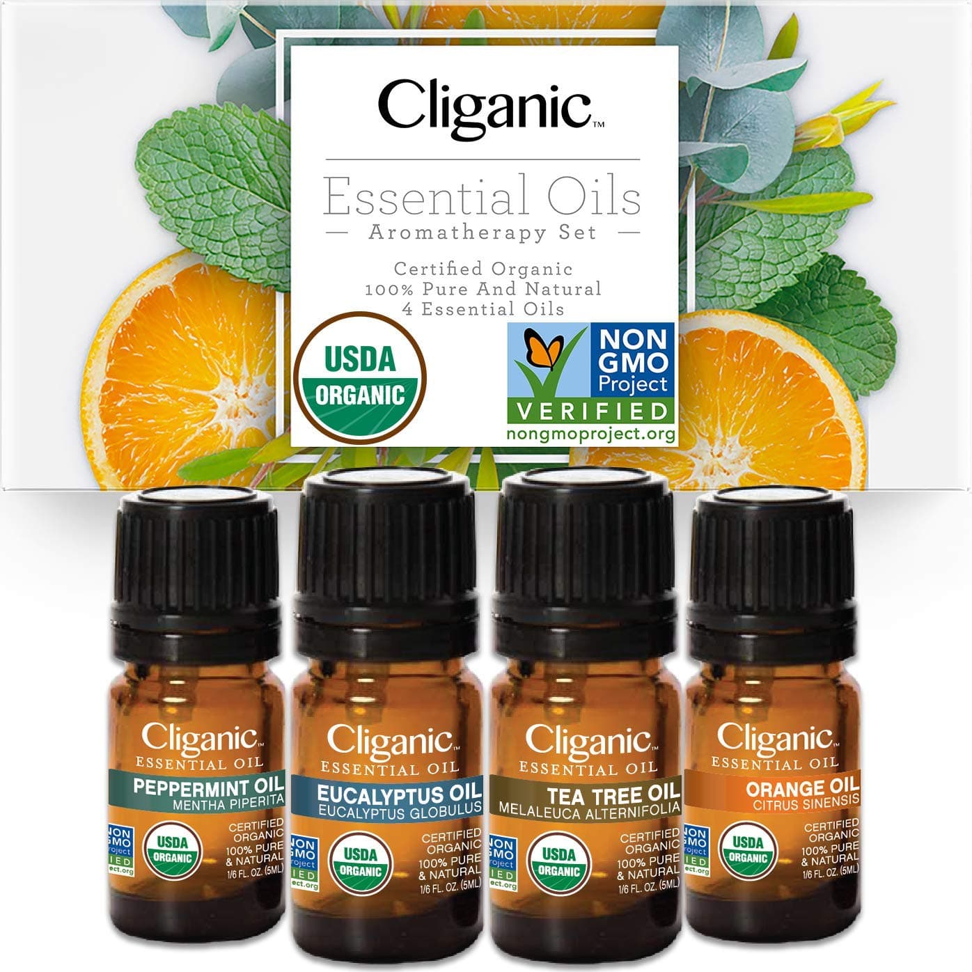 CliganicUSDA Organic Aromatherapy Essential Oils Set (Top 4), 100% Pure Natural - Peppermint, Eucalyptus, Tea Tree & Orange