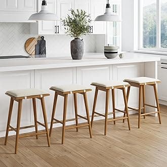 Nathan James Barker Counter Height Solid Wood Barstool with Upholstered Cushion, Backless Island Stool with Rubberwood Legs and Natural Textured Linen Upholstery for Kitchen, Brown/White, Set of 4