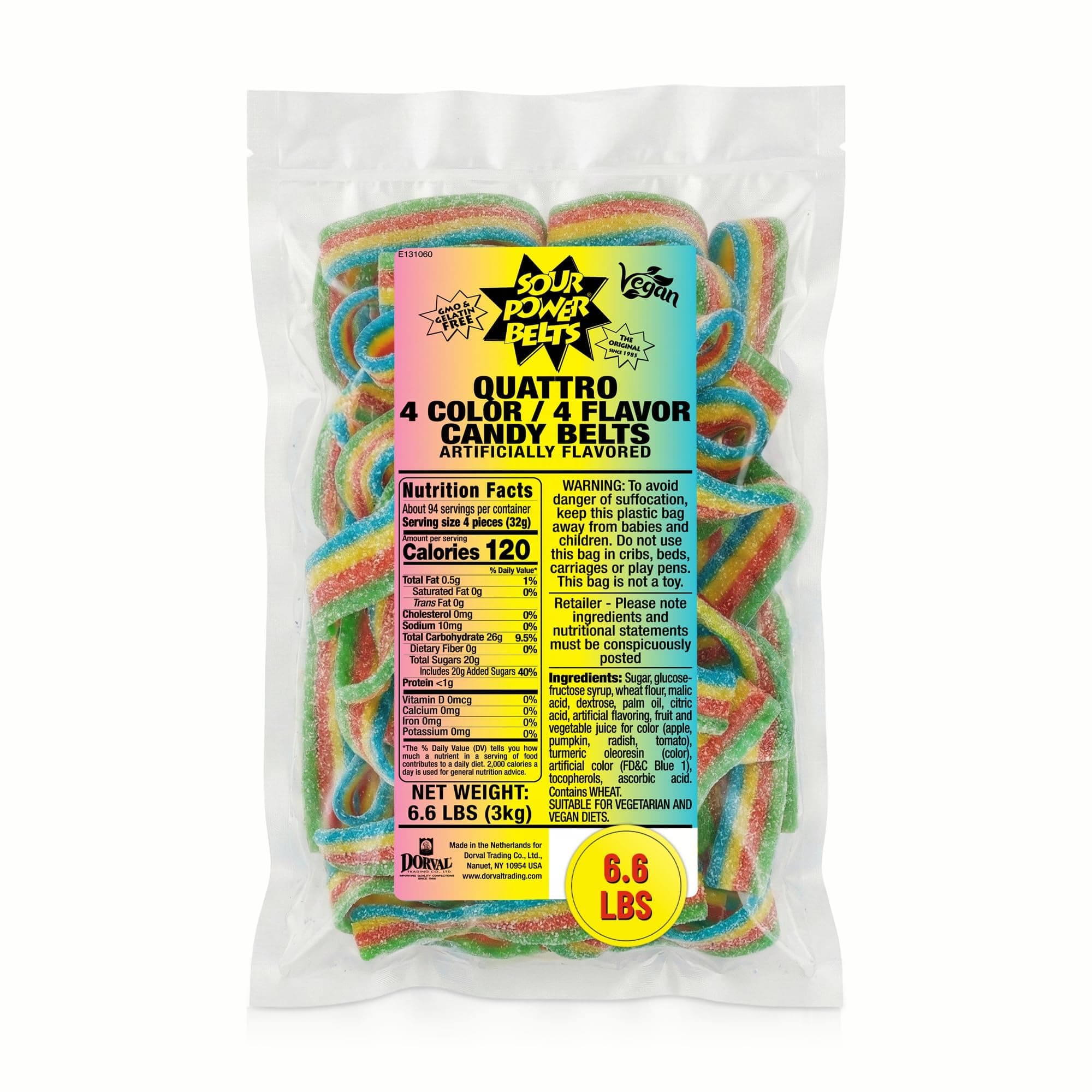 Sour Power Quattro Rainbow Candy Belts, 6.6 lb Bulk Bag (Pack of 3), Vegan Four Flavor Sour Candy Since 1985, Soft Chewy Sweet Tart, Non-GMO Gelatin Free