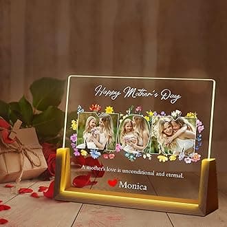 Personalized Mom Gifts for Mother’s Day From Daughter Son, Custom Acrylic Plaque Printed with Photos Text, Custom Walnut Picture Frame With LED Night Light, Unique Birthday Gifts For Wife from Husband