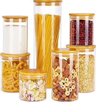 VtopmartGlass Food Storage Jars, 7 Pack Kitchen Containers with Airtight Bamboo Wooden Lids for Pasta, Cookies, Nuts, Coffee Beans, Cereal, Canisters Set for Flour, Pantry Organization, BPA Free