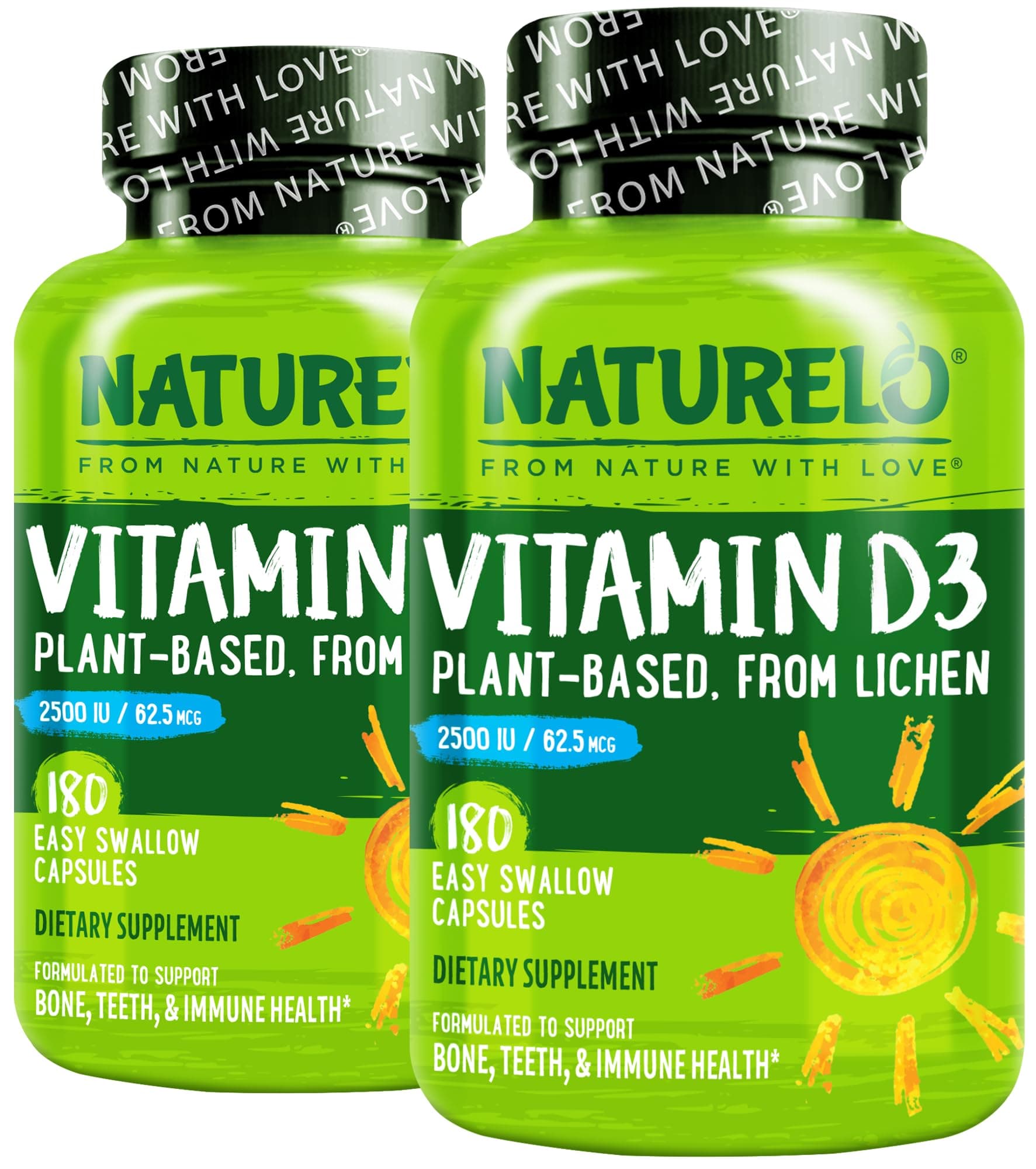 Vitamin D - 2500 IU - Plant Based from Lichen - Natural D3 Supplement for Immune System, Bone Support, Joint Health - Vegan - Non-GMO - Gluten Free - 180 Capsules (Pack of 2)