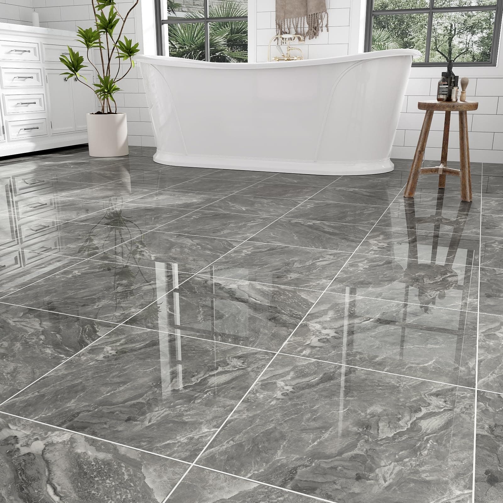 10-Pack 10 Sq.Ft Peel and Stick Floor Tiles Vinyl Glossy Pattern Flooring, 12” x 12” Self Adhesive Vinyl Flooring DIY for Kitchen, Bathroom, Laundry, Polish Dark Grey Marble