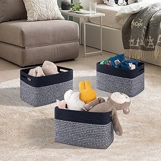 4 Pack Shelf Baskets for Organizing Home - Perfect for Toys, Books, and Clothes, Versatile Woven Storage Baskets with Handles, Durable Cube Storage Bins, 13''L x9''W x7.8''H, Blue and Grey