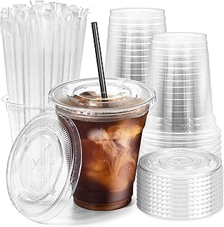 Fit Meal Prep 100 Pack 12 oz Plastic Iced Coffee Cups with Flat Lids and Straws, Disposable Clear Cup, BPA Free Cup for Party, Smoothie, Cold Drinks, Juice, Milkshake, Bubble Boba, Tea
