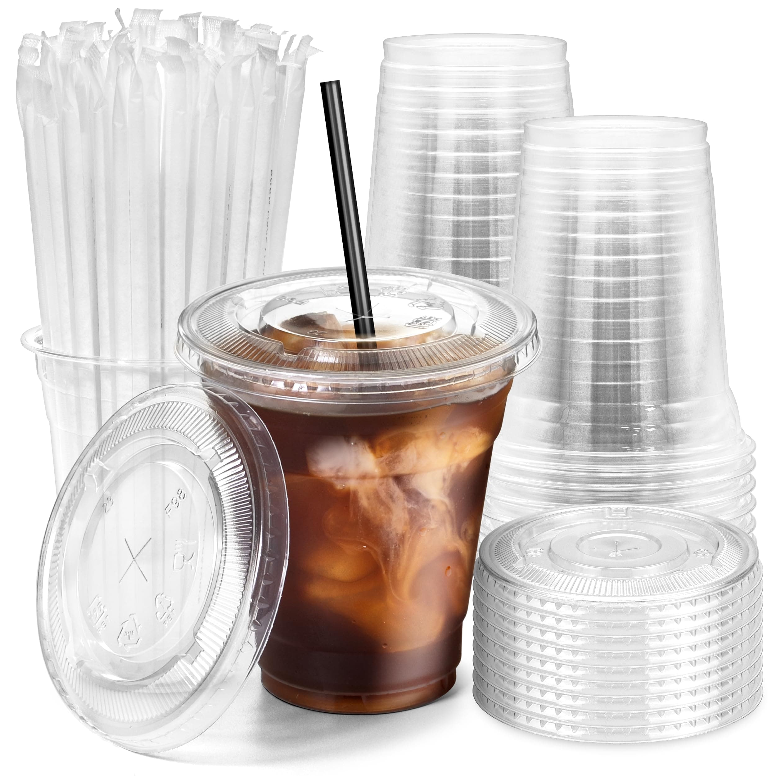 Fit Meal Prep 100 Pack 12 oz Plastic Iced Coffee Cups with Flat Lids and Straws, Disposable Clear Cup, BPA Free Cup for Party, Smoothie, Cold Drinks, Juice, Milkshake, Bubble Boba, Tea