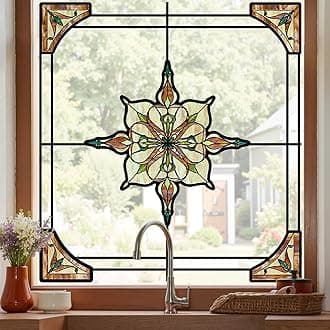 Window Stickers, ‌Stained Glass Window Privacy Film, UV Blocking Static Cling for Home Kitchen Office Bathroom, Amber Starry Light, 11.81" X 15.75"