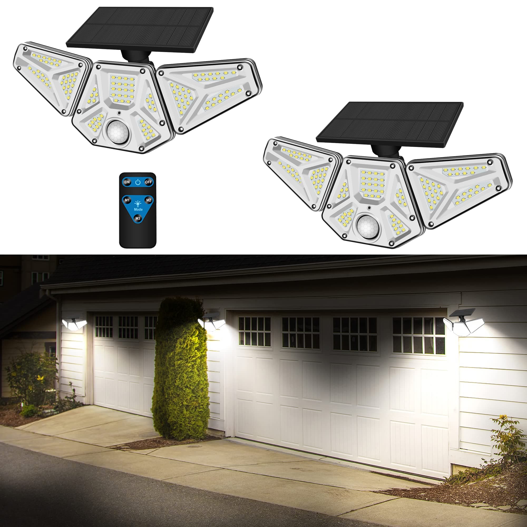 URMONA 2 Pack Solar Outdoor Lights with One Remote Control, 3 Heads 270° Lighting Waterproof PIR Sensor Motion Lights with 113 LEDs Lights Beads, Wireless Wall Lights for Porch, Yard, Garage
