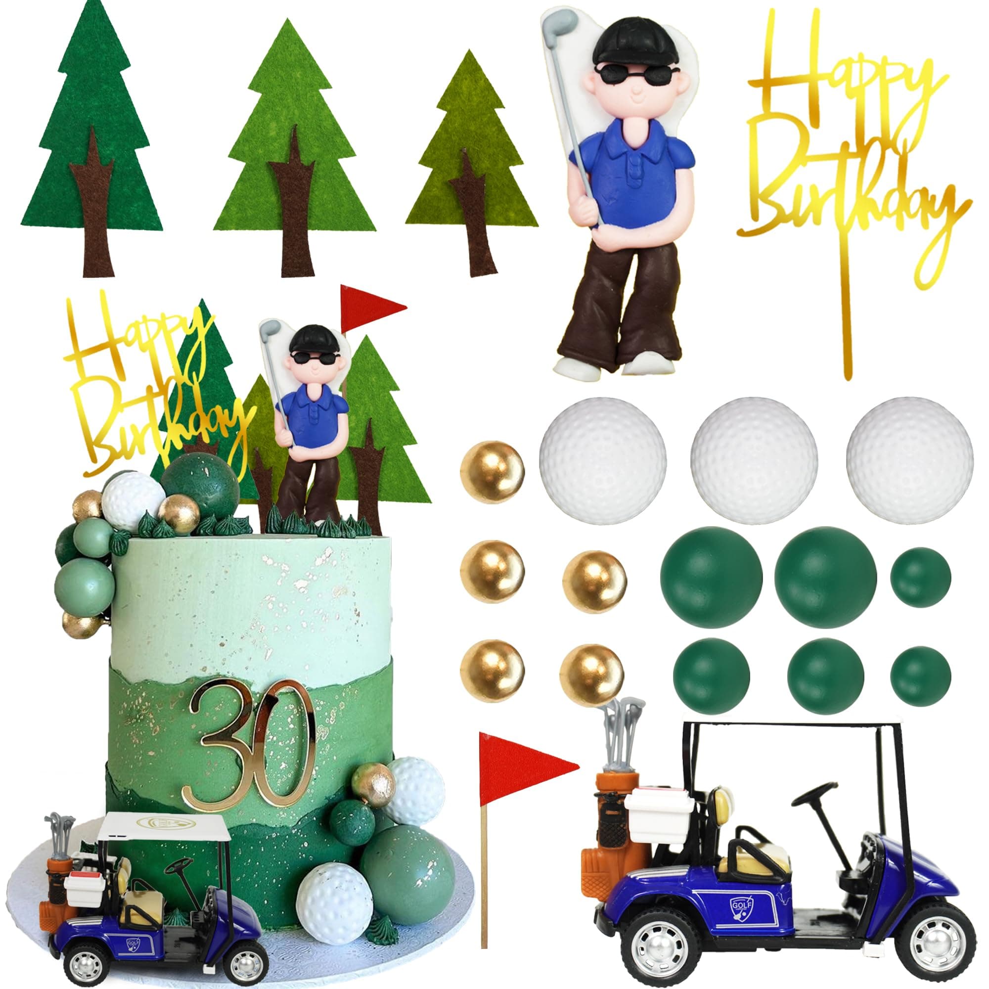 DRWATE Golf Cake Toppers Golf Carts Clay Golf Figurine Cake Decorations with Green Gold Balls Red Flag Trees for Golf Party Sport Theme Party Birthday Party Supplies (01)