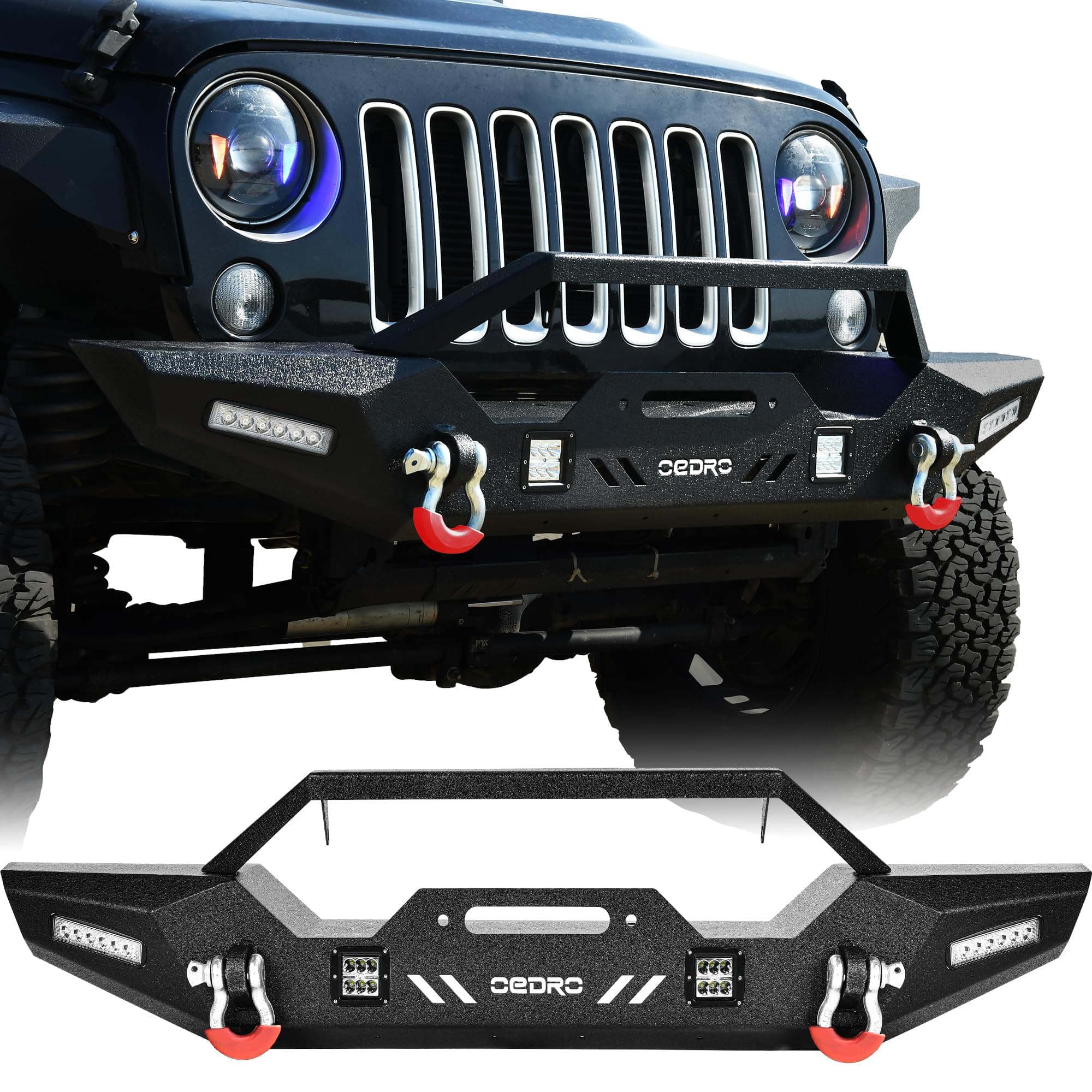 OEDRO Front Bumper, Compatible for 2007-2018 Jeep Wrangler JK & Unlimited, Rock Crawler Bumper with Winch Plate Mounting & 4 x LED Lights & 2 x D-Rings Off Road