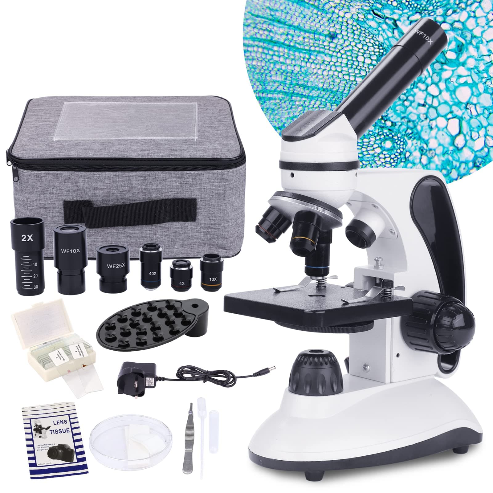 BEBANG Monocular Microscope for Adults Students,40X-2000X Magnification,Dual LED Beginners Kids Microscopes with Science Kits,Phone Adapter,Carrying Case,AC Adapter,15 Slides for Lab Class Study