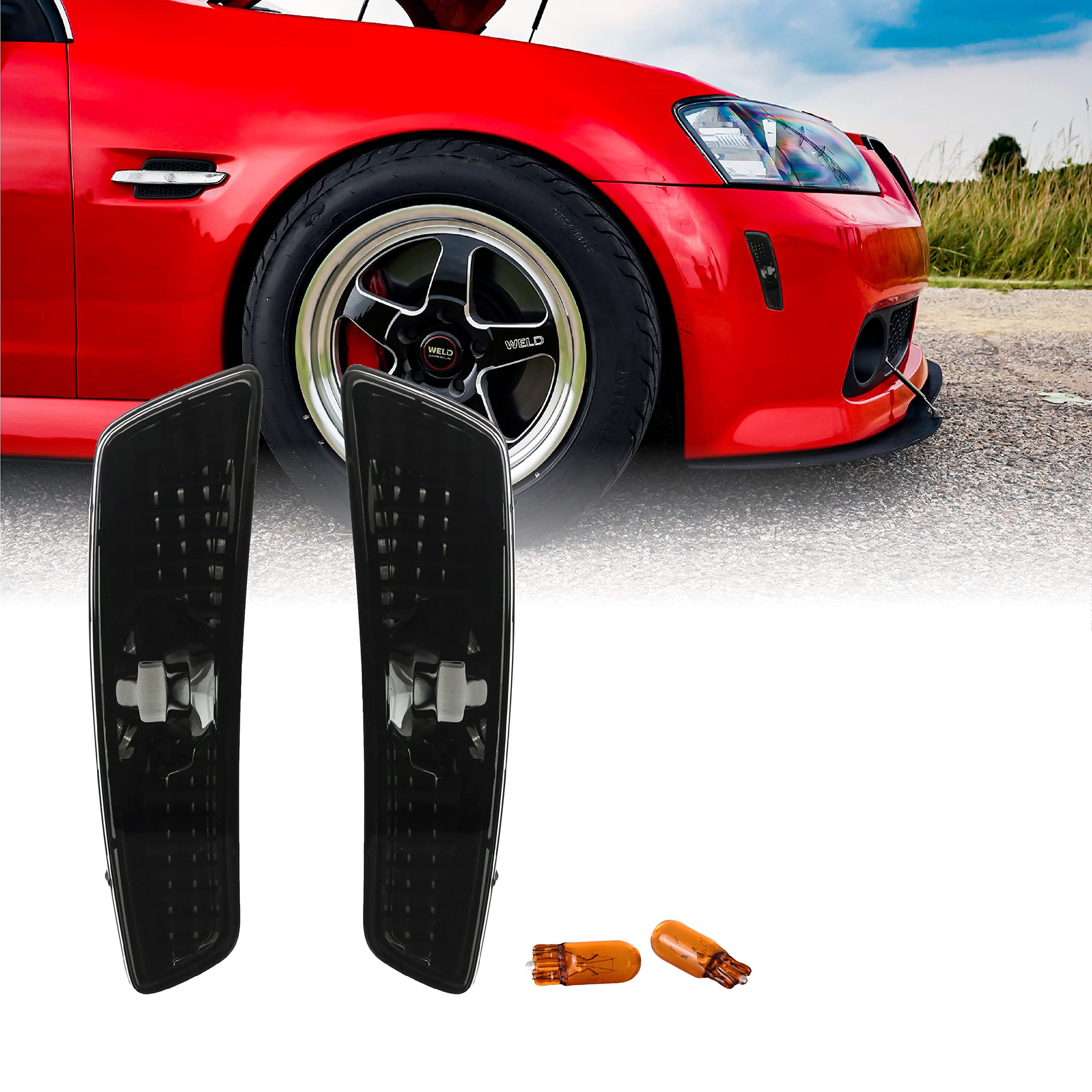 USR 08-09 G8 Side Marker Lights - Smoke Front Bumper Sidemarkers Lamps Set (Left + Right) Compatible with 2008-2009 Pontiac G8 GT GXP (Smoked Lens with Amber Bulbs)