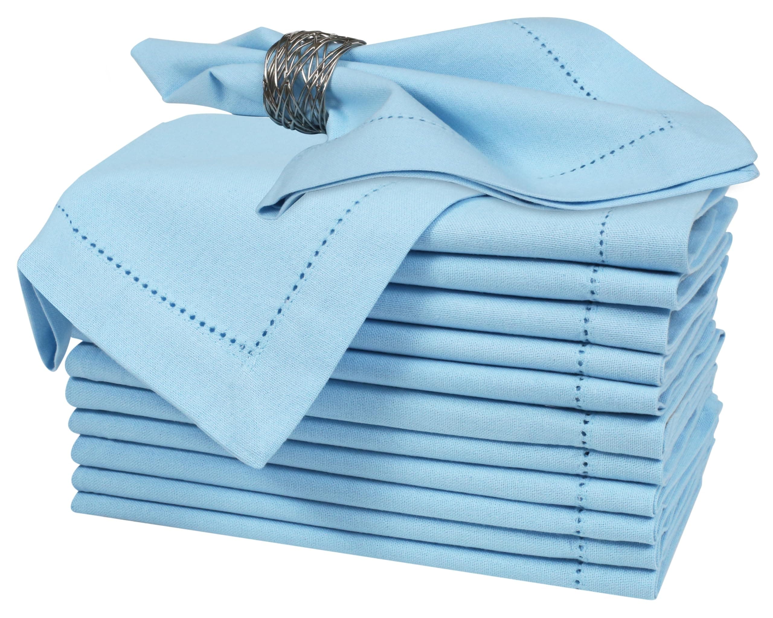 Bedding Craft Cotton Cloth Napkins Set of 12 - Dinner Napkins, Hemstitched Wedding Napkins, Machine Washable 18x18 Inches, Airy Blue