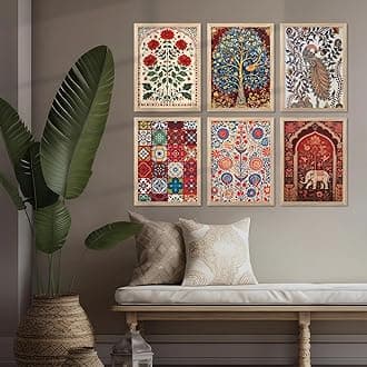kotart Indian Art Wall Painting Madhubani Home Decoration Frame With For Living Room Bed Room Hotel Wall Decor Digital Reprint Engineered Wood Set of 6 (M)