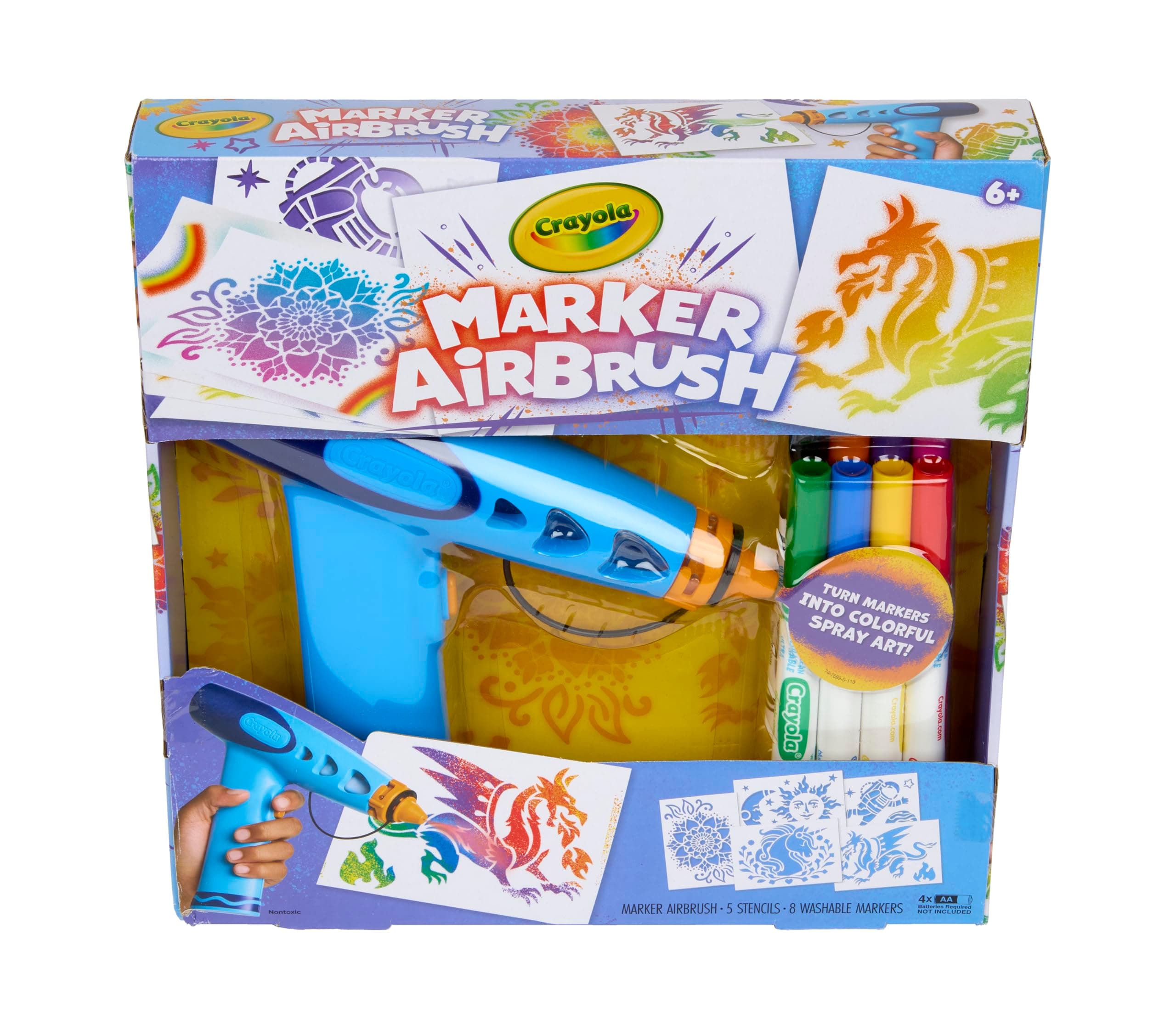 Crayola Marker Airbrush Spray Art Kit, Essential Easter Basket Stuffer for Kids, Battery-Powered Sprayer with 8 Washable Markers & 5 Stencils, DIY Craft Set, Ages 6+