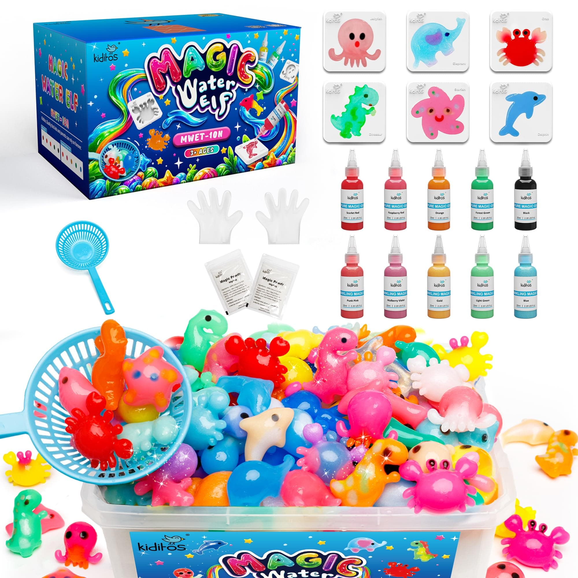 Kiditos Magic Water Elf Toy Kit for Kids, Create Your Own Magic Water Pets, DIY Sensory Craft Set with 10 Magic Gels & 6 Moulds, STEM Activity Toy, Party Favours & Birthday Gifts for Children Age 3+