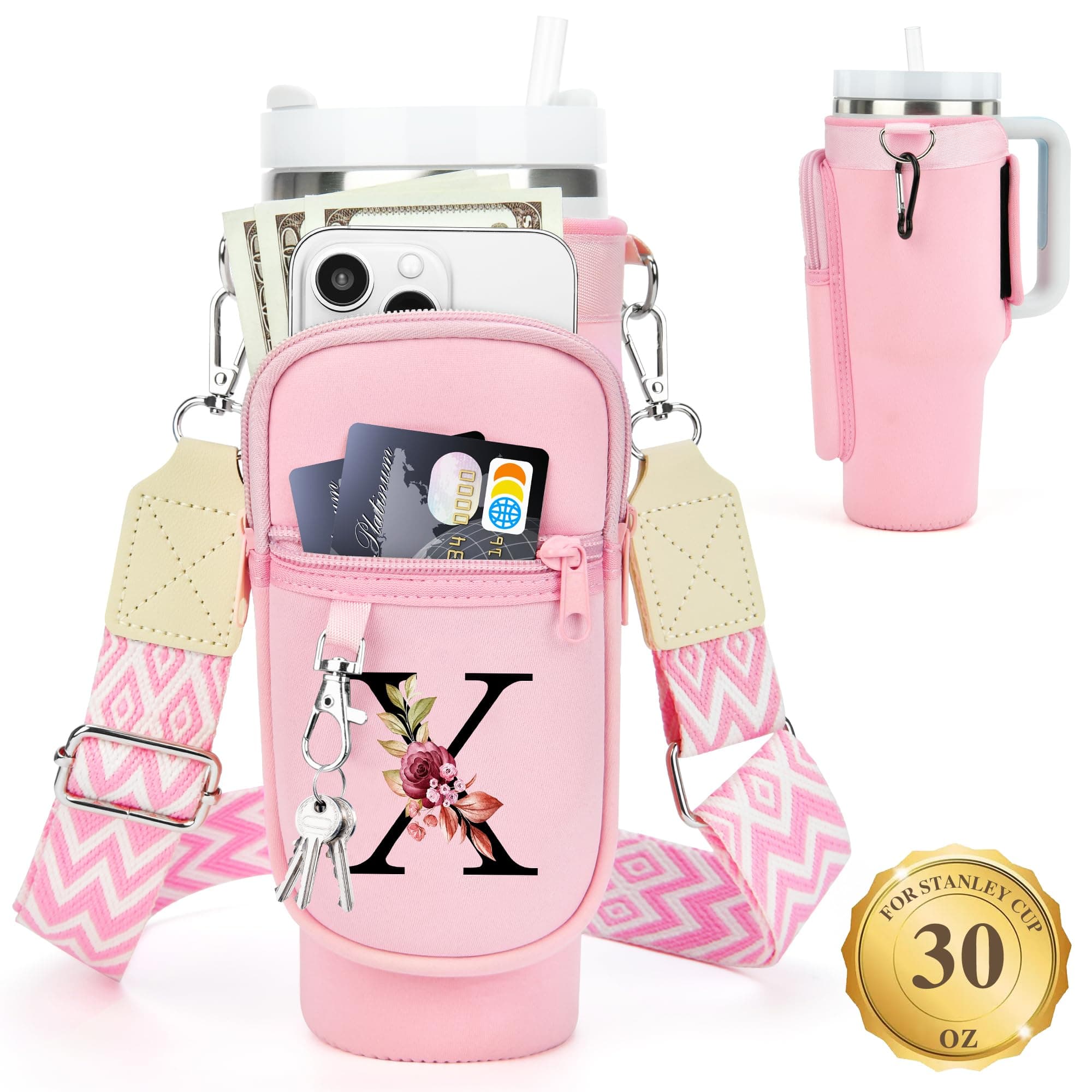 LOKASS Water Bottle Holder with Strap for Stanley Cup 30 oz Tumbler with Handle, Personalized Initial Stanley Cup Accessories, Christmas Gifts Water Bottle Carrier Bag for Women Men girls