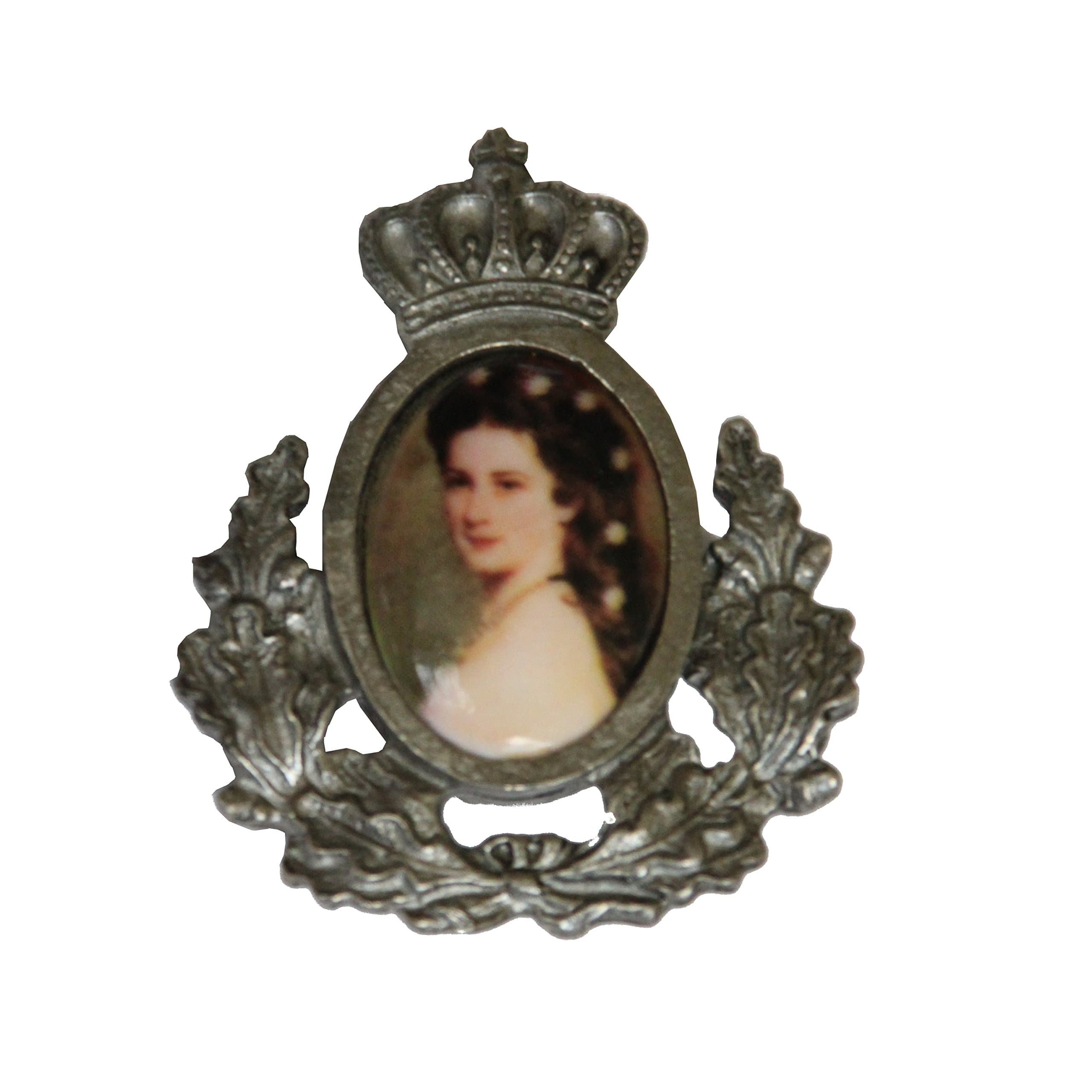 Breiterhat pin, hat emblem, hat ornament, badge: Sissi, Empress Elisabeth, with Wreath of Honour