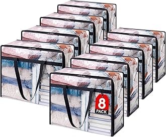 Lifewit 8 Pack Clear Plastic Storage Bags, 40L Foldable Clothes Storage Boxes Wardrobe Organizer Moving Bags with Reinforced Handle for Loft Wardrobe for Bedding Clothes Blanket Duvet