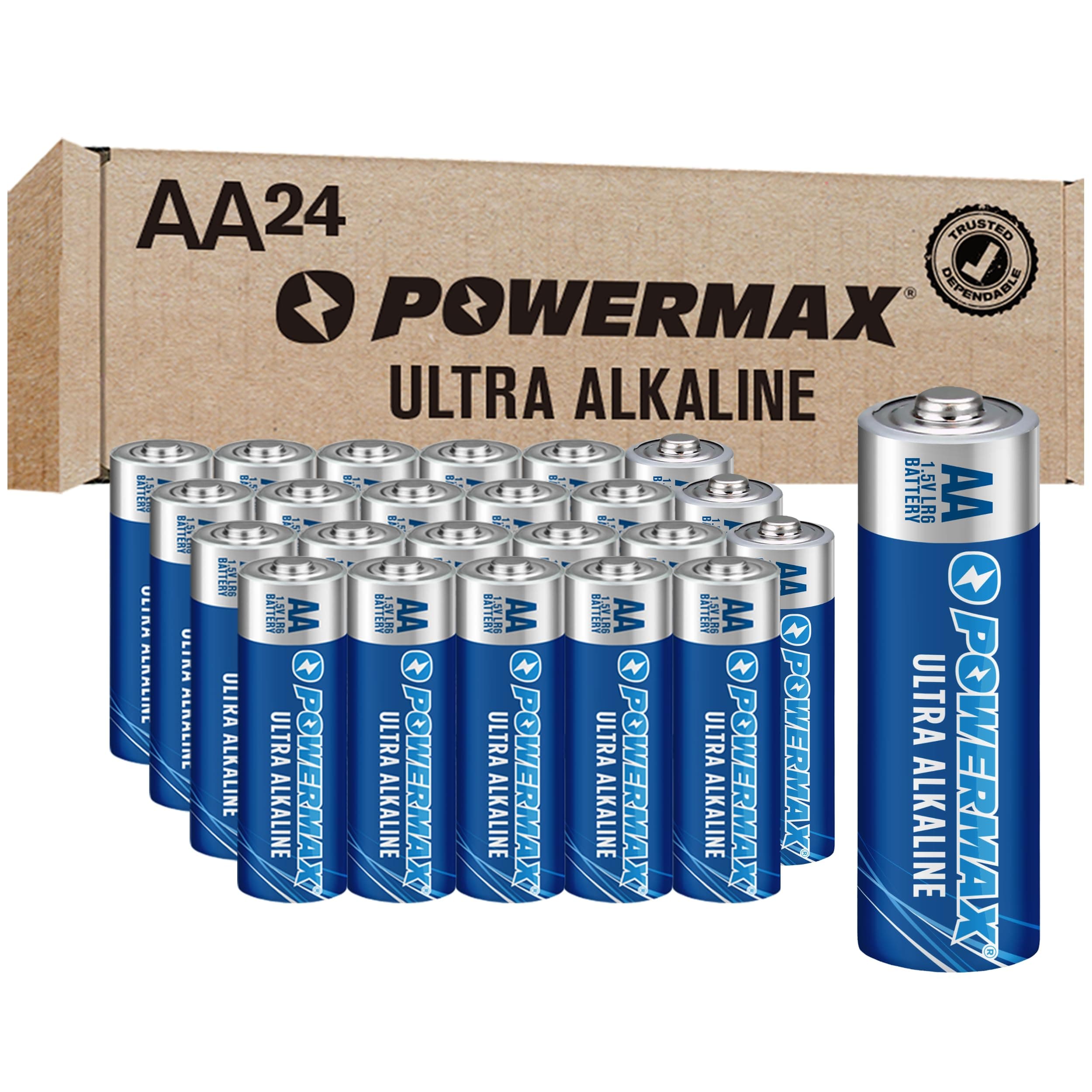 Powermax 24-Count Double AA Batteries, Ultra Long Lasting Alkaline Battery, 10-Year Shelf Life, Reclosable Packaging