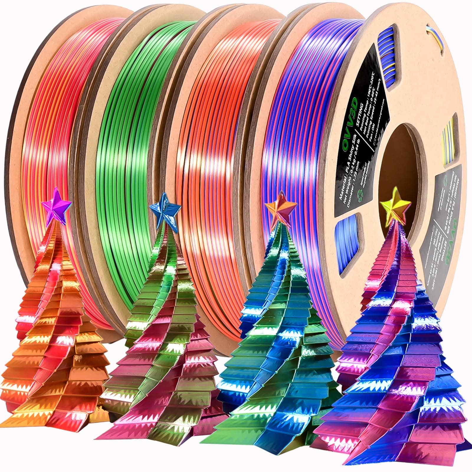 PLA Filament 1.75mm, Tri-Colors 3D Printer Filament, Rainbow PLA Filament Bundle, Coextrusion 3D Filament with Silk PLA Color Change, 3D Printing Filament +/-0.02mm, 200g X 4 Spool