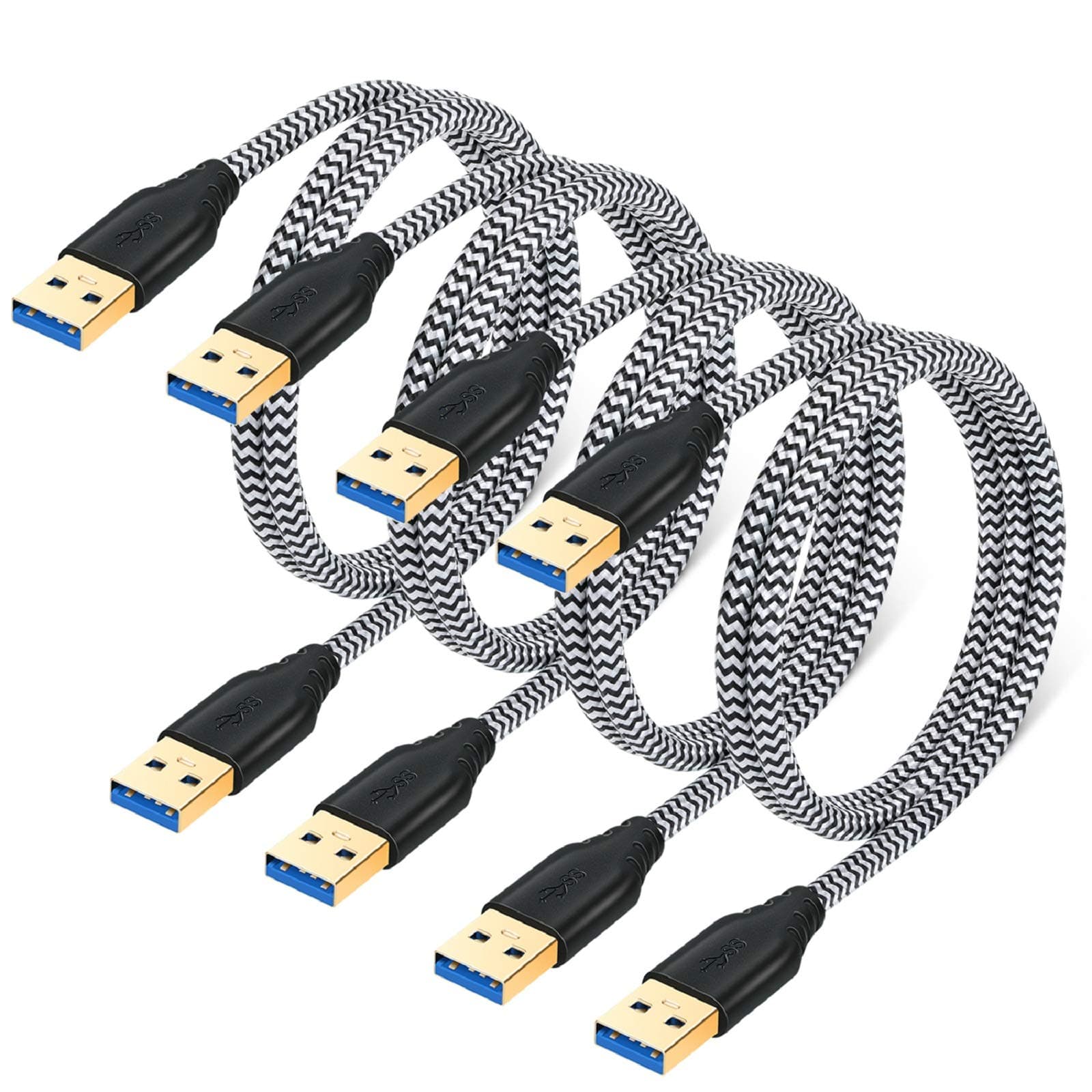 4-Pack USB 3.0 A to A Cable - 3FT Male to Male Short Braided Double End Cord Compatible for DVD Players, Hard Drive Enclosures, Laptop Cooler and More - White