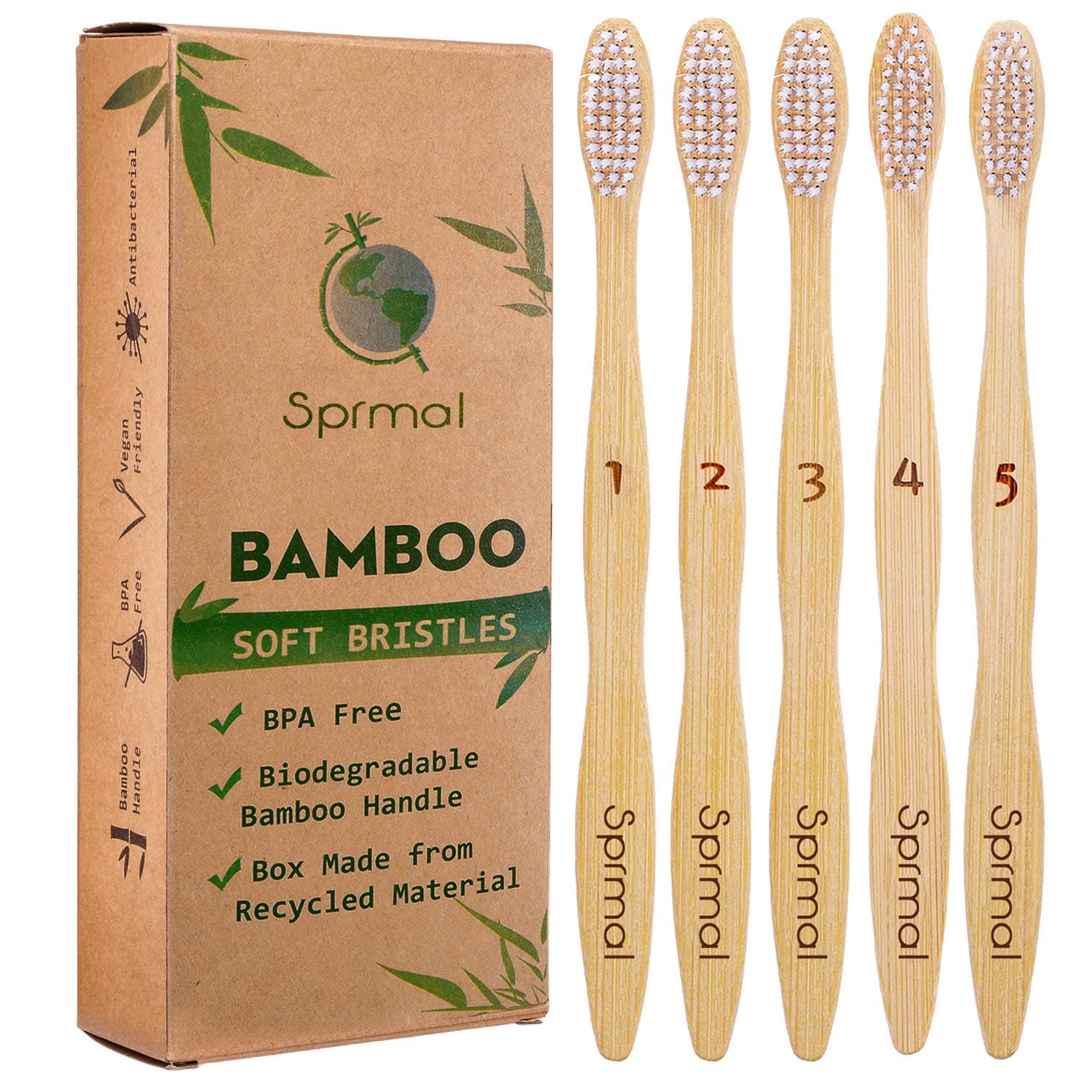 5pcs Bamboo Toothbrushes Natural Organic Biodegradable and Vegan Bamboo Soft BPA Free Nylon Bristles for Sensitive Gums